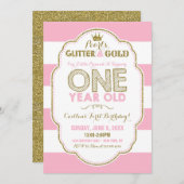 Parels Glitter en Goud Eerste Verjaardag Uitnodigi Kaart (Voorkant / Achterkant)