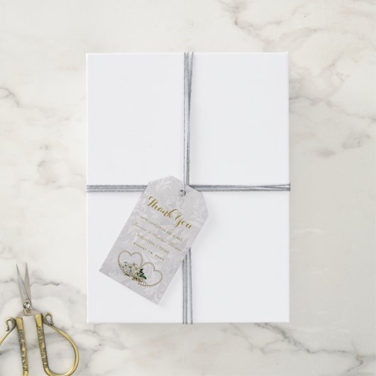 Parels Harten & Bloemen Damast Bruiloft Cadeaulabel (Met Touw)