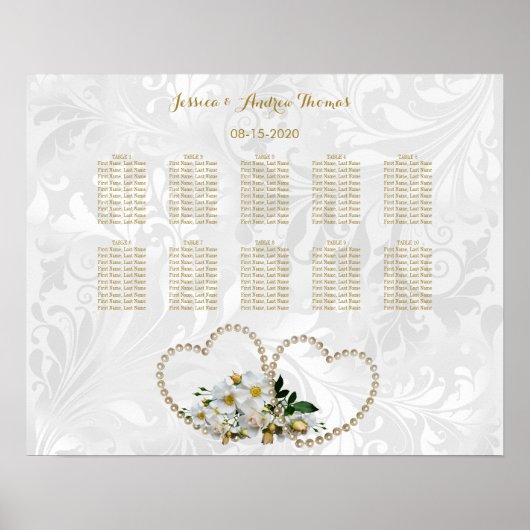 Parels Harten & Bloemen Damast Bruiloft Poster (Voorkant)