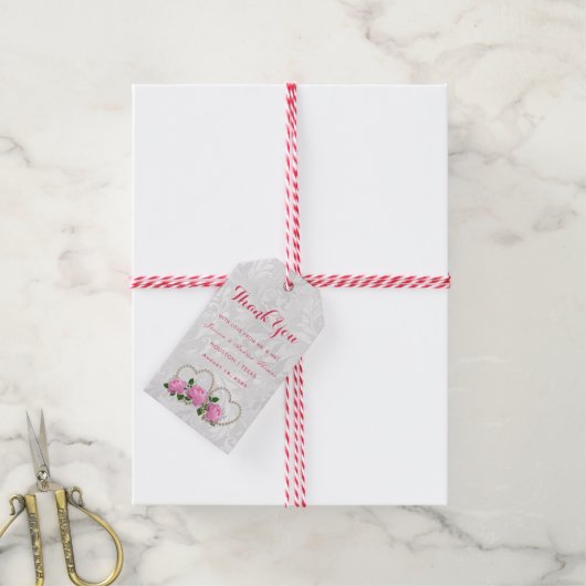 Parels Harten & Rozen Damast Bruiloft Cadeaulabel (Met Touw)