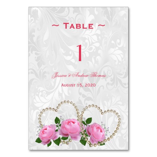 Parels Harten & Rozen Damast Trouwtafel Nummer Kaart (Voorkant)