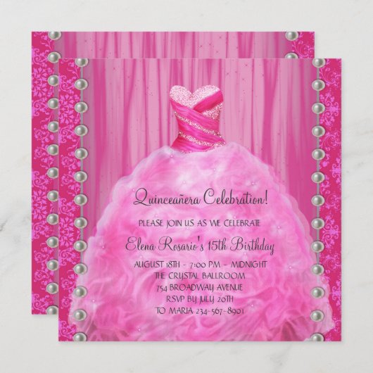 Parels hete roze Quinceanera uitnodiging (Voorkant / Achterkant)