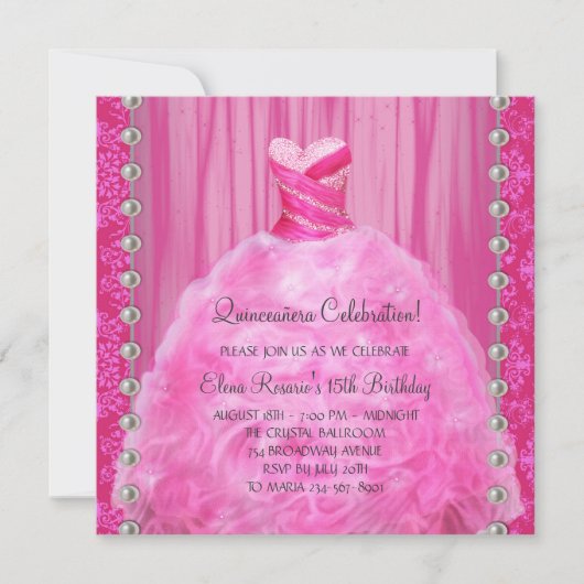 Parels hete roze Quinceanera uitnodiging (Voorkant)