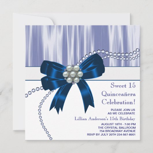 Parels Navy Blauwe Quinceanera Kaart (Voorkant)