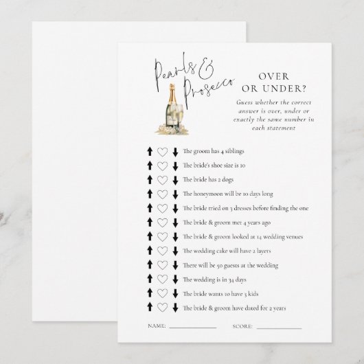 Parels Over of Onder Vrijgezellenfeest Game Kaart (Voorkant / Achterkant)