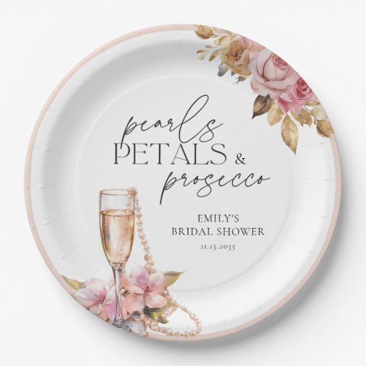 Parels Petals & Prosecco Bloemen Vrijgezellenfeest Papieren Bordje (Voorkant)