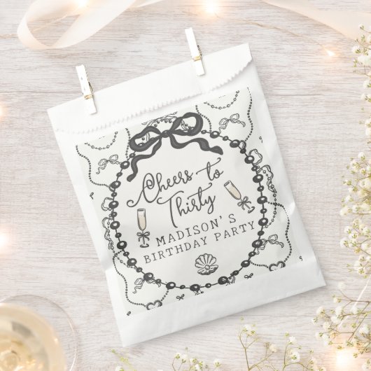 Parels & Prosecco Black Coquette Boog Verjaardag Bedankzakje (Geknipt)
