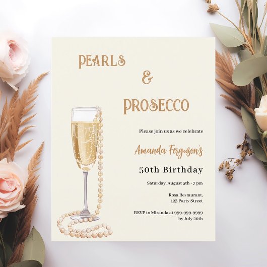 Parels Prosecco bubbel gouden verjaardagsuitnodigi