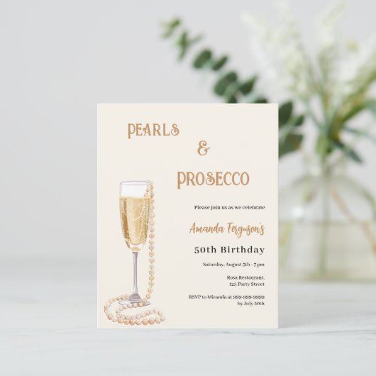 Parels Prosecco bubbel gouden verjaardagsuitnodigi (Staand voorkant)