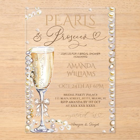 Parels & Prosecco Champagne Elegant Vrijgezellenfe Acryl Uitnodigingen (Voorkant)