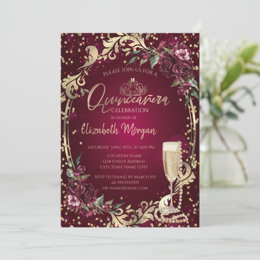 Parels Prosecco Diamond Bourgogne Rozen Quinceañer Kaart (Staand voorkant)