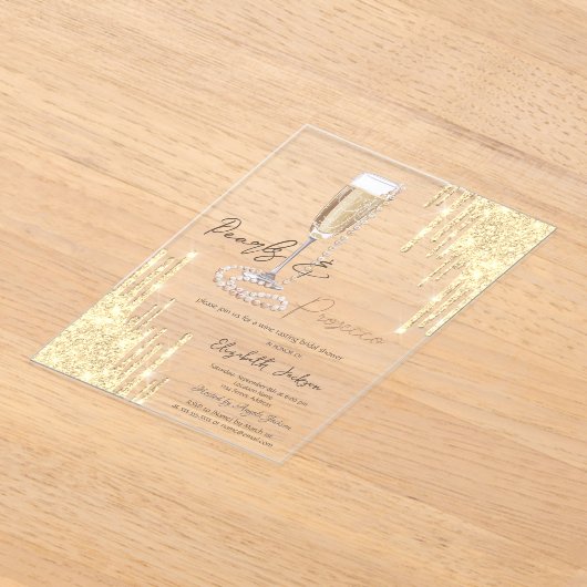 Parels Prosecco Gold Glitter Drips Vrijgezellenfee Acryl Uitnodigingen (Laagn)