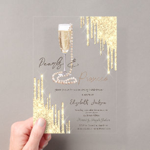 Parels Prosecco Gouden Glitterdruppels Bruiloftssh Acryl Uitnodigingen