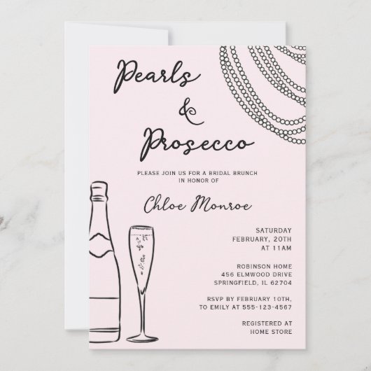 Parels & Prosecco Modern Blush Roze Bruids Brunch Kaart (Voorkant)