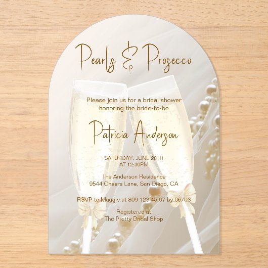 Parels & Prosecco Modern Elegant Vrijgezellenfeest Acryl Uitnodigingen (Voorkant)