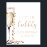 Parels Prosecco Pop The Bubble Ze krijgt Hubby Poster<br><div class="desc">"Pop the Bubble, She's Getting a Hubby" is een leuke en feestelijke manier om de aanstaande huwelijksvoltrekking van de bruid te vieren. Met het elegante thema parels en prosecco voegt deze activiteit een vleugje verfijning toe aan het vrijgezellenfeest of vrijgezellenfeest. Gasten kunnen genieten van het knallen van champagne- of proseccoflessen...</div>