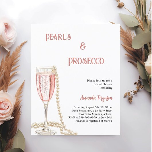Parels Prosecco roze Bruids Douche uitnodiging