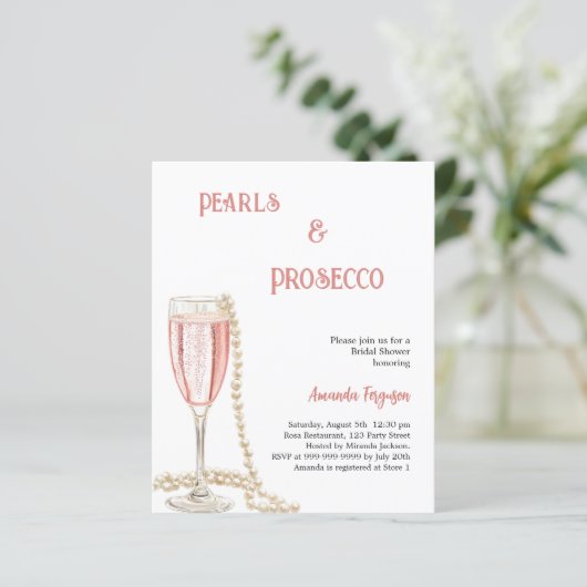 Parels Prosecco roze Bruids Douche uitnodiging (Staand voorkant)