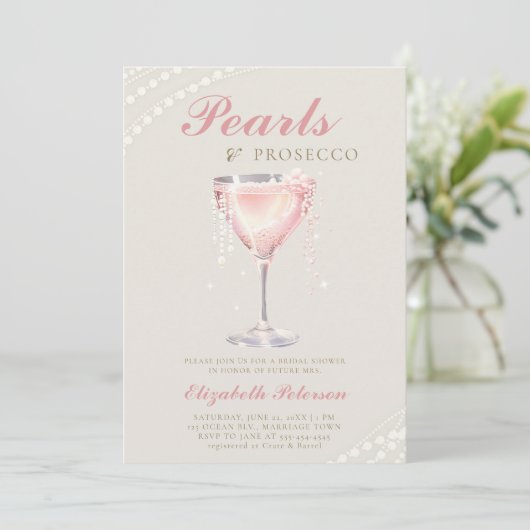 Parels Prosecco Roze Bruisende Ivoor Bruidsdouche Kaart (Staand voorkant)