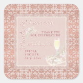 Parels & Prosecco Roze Goud Bruiloft Feest Favor Vierkante Sticker (Voorkant)