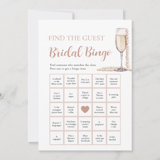 Parels & Prosecco Vind het Gast Bruids Bingo Spel Kaart (Voorkant)