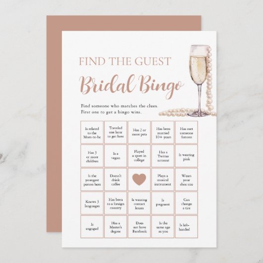Parels & Prosecco Vind het Gast Bruids Bingo Spel Kaart (Voorkant / Achterkant)