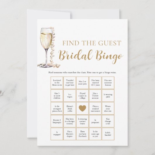 Parels & Prosecco Vind het Gast Bruids Bingo Spel Kaart (Voorkant)