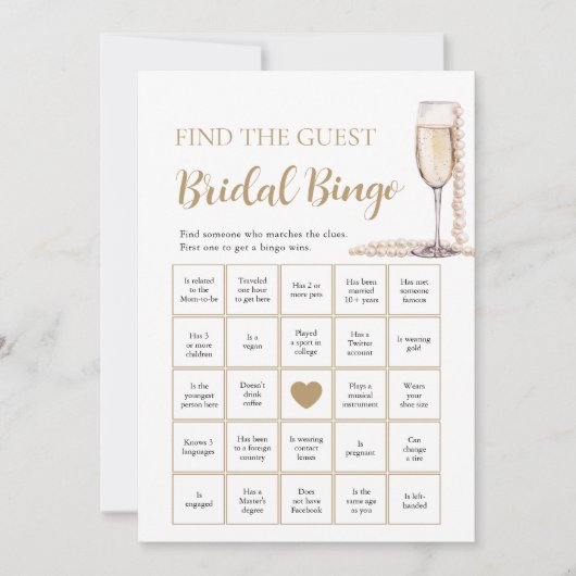 Parels & Prosecco Vind het Gast Bruids Bingo Spel Kaart (Voorkant)