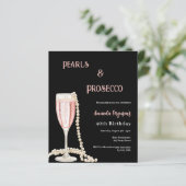 Parels Prosecco zwart roze verjaardagsuitnodiging (Staand voorkant)