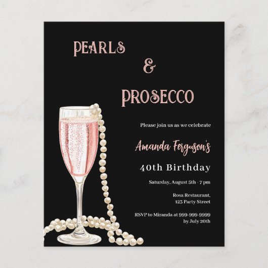 Parels Prosecco zwart roze verjaardagsuitnodiging (Voorkant)