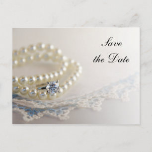 Parels, Ring en Blue Lace Wedding Save the Date Aankondigingskaart