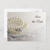 Parels, Ring en Blue Lace Wedding Save the Date Aankondigingskaart (Voorkant / Achterkant)
