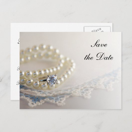 Parels, Ring en Blue Lace Wedding Save the Date Aankondigingskaart (Voorkant / Achterkant)