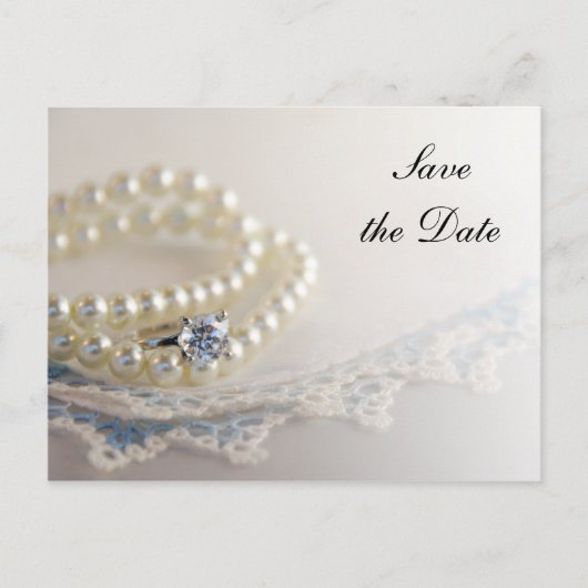 Parels, Ring en Blue Lace Wedding Save the Date Aankondigingskaart (Voorkant)