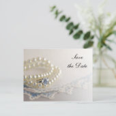 Parels, Ring en Blue Lace Wedding Save the Date Aankondigingskaart (Staand voorkant)