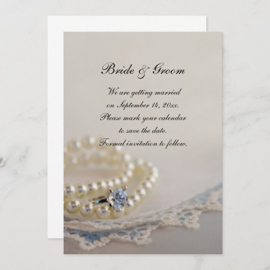 Parels, Ring en Blue Lace Wedding Save the Date Kaart (Voorkant / Achterkant)