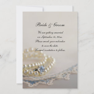 Parels, Ring en Blue Lace Wedding Save the Date Kaart