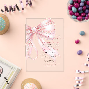 Parels Roze Strik Zoete Kleine Meisje Baby Borrel Acryl Uitnodigingen