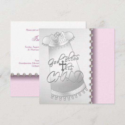 Parels Roze Wit Baby Meisje Doop Uitnodiging (Voorkant / Achterkant)