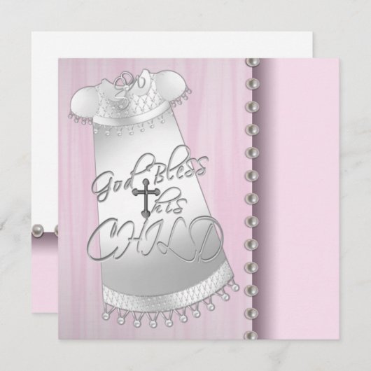 Parels Roze Wit Baby Meisje Doop Uitnodiging (Voorkant / Achterkant)