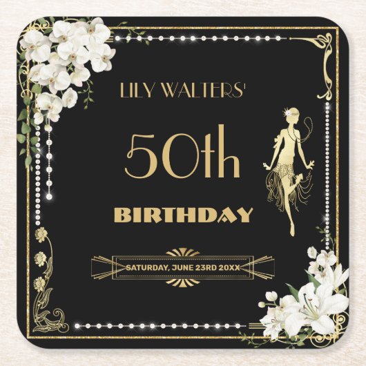 Parels Witte Bloemen Art Deco Gatsby 20s Verjaarda Kartonnen Onderzetters (Voorkant)