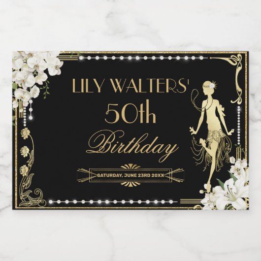 Parels Witte Bloemen Art Deco Gatsby 20s Verjaarda Likeurfles Etiket (Enkel label)