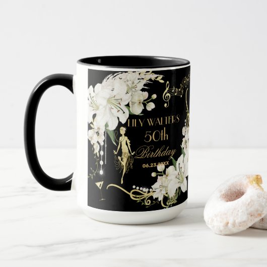 Parels Witte Bloemen Art Deco Gatsby 20s Verjaarda Mok (Met donut)