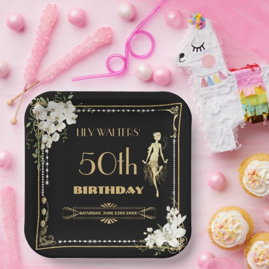 Parels Witte Bloemen Art Deco Gatsby 20s Verjaarda Papieren Bordje (Feest)
