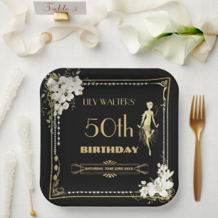 Parels Witte Bloemen Art Deco Gatsby 20s Verjaarda Papieren Bordje