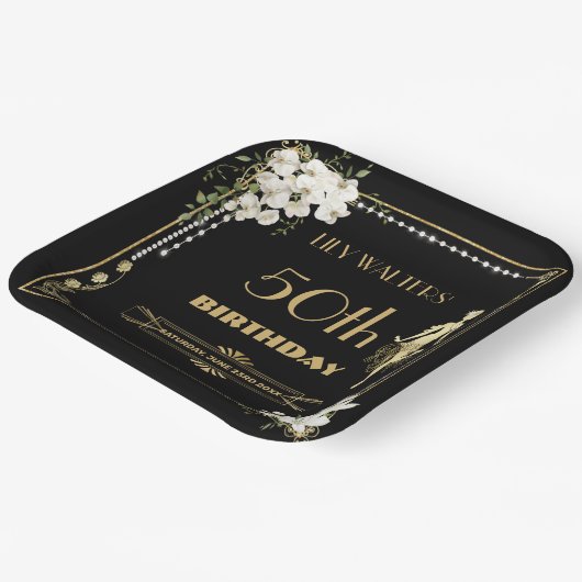 Parels Witte Bloemen Art Deco Gatsby 20s Verjaarda Papieren Bordje (Gebogen)