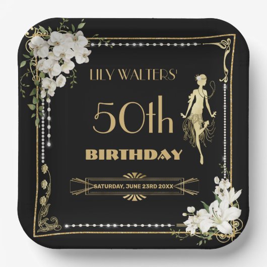 Parels Witte Bloemen Art Deco Gatsby 20s Verjaarda Papieren Bordje (Voorkant)