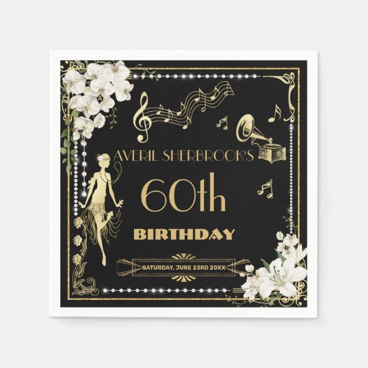 Parels Witte Bloemen Art Deco Gatsby 20s Verjaarda Servet (Voorkant)