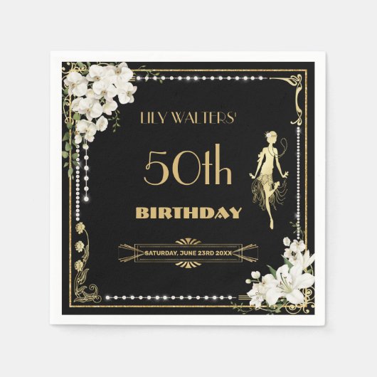 Parels Witte Bloemen Art Deco Gatsby 20s Verjaarda Servet (Voorkant)