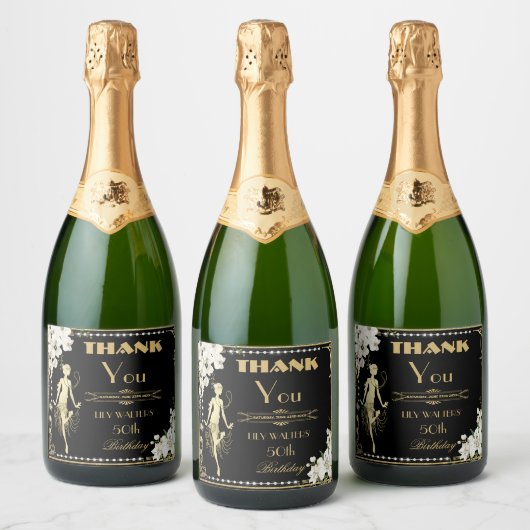 Parels Witte Bloemen Art Deco Gatsby 20s Verjaarda Sparkling Wijnetiket (Flessen)